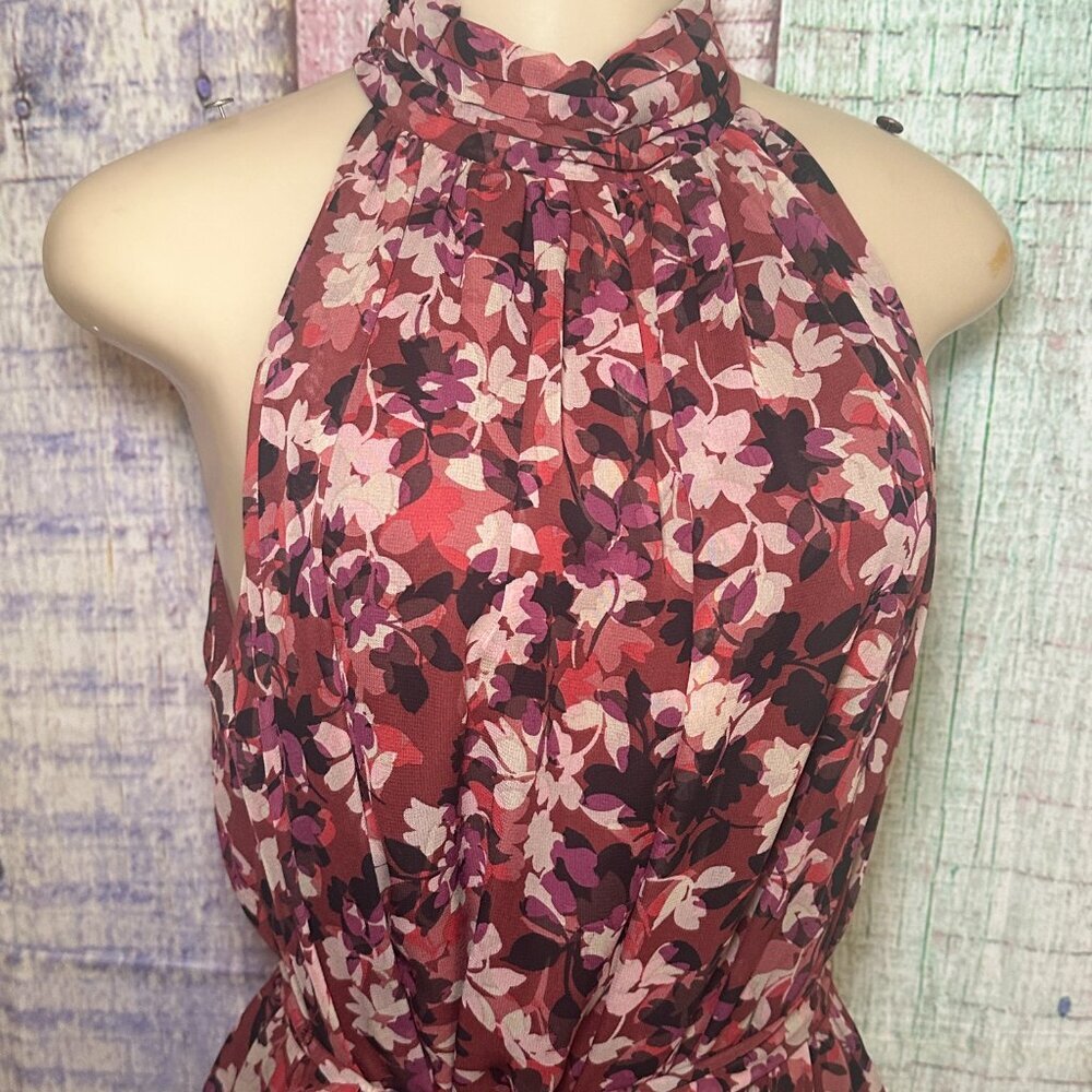 Just Taylor High Neck Ruffled Skirt Burgundy Floral Print Womens Size 6 Dress - Picture 2 of 10